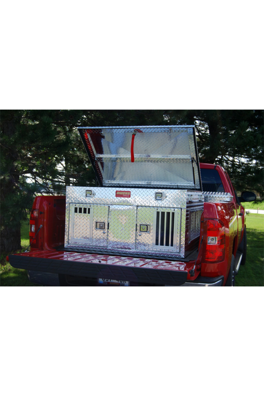 Dog Box 55012 Hunter Series Double Compartment with Top Storage / 48 W x 45 D x 26 H / All Seasons Vents / Diamond Tread Aluminum / Owens Products - K9 Dog Boxes