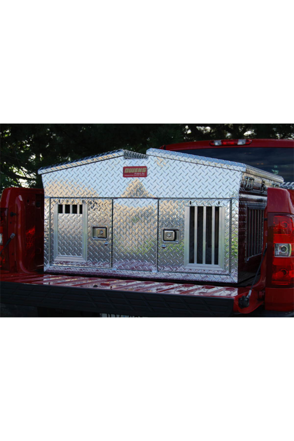 Dog Box 55014 Hunter Series Big T Double Compartment Dog Box with Dual Lid Top Storage / 48 W x 45 D x 30 H / All Season Vents / Diamond Tread Aluminum / Owens Products - K9 Dog Boxes