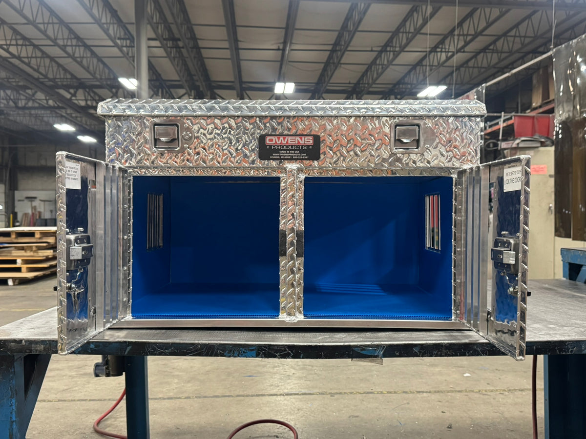 Dog Box 55018 Hunter Series Double Compartment Top Storage / 36 W X 28.5 D X 22 H / Standard Vents / Diamond Tread Aluminum / Owens Products - CALL TO ORDER