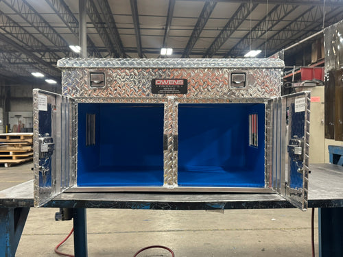 Dog Box 55018 Hunter Series Double Compartment Top Storage / 36 W X 28.5 D X 22 H / Standard Vents / Diamond Tread Aluminum / Owens Products - CALL TO ORDER