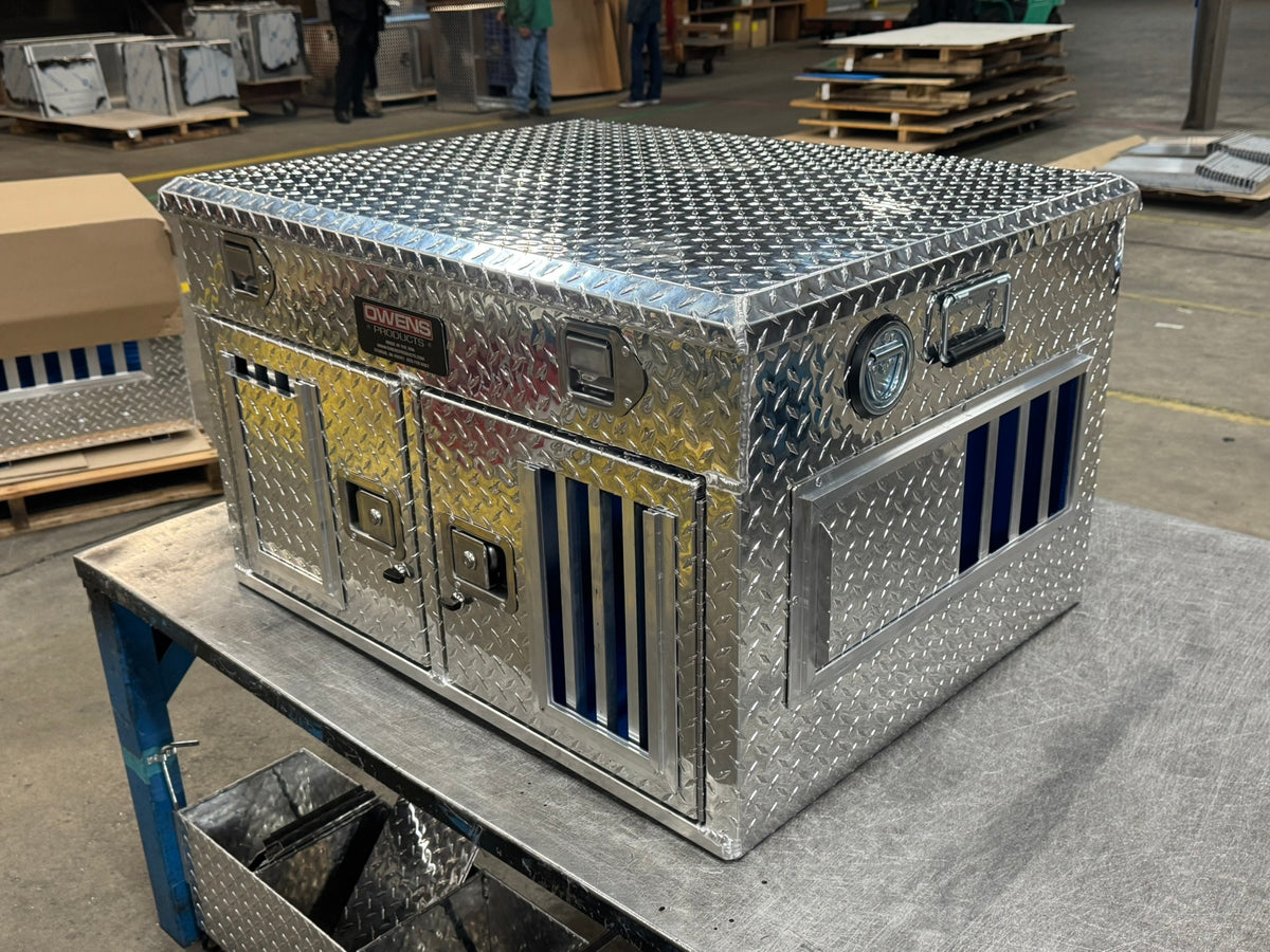 Dog Box 55018 Hunter Series Double Compartment Top Storage / 36 W X 28.5 D X 22 H / Standard Vents / Diamond Tread Aluminum / Owens Products - CALL TO ORDER
