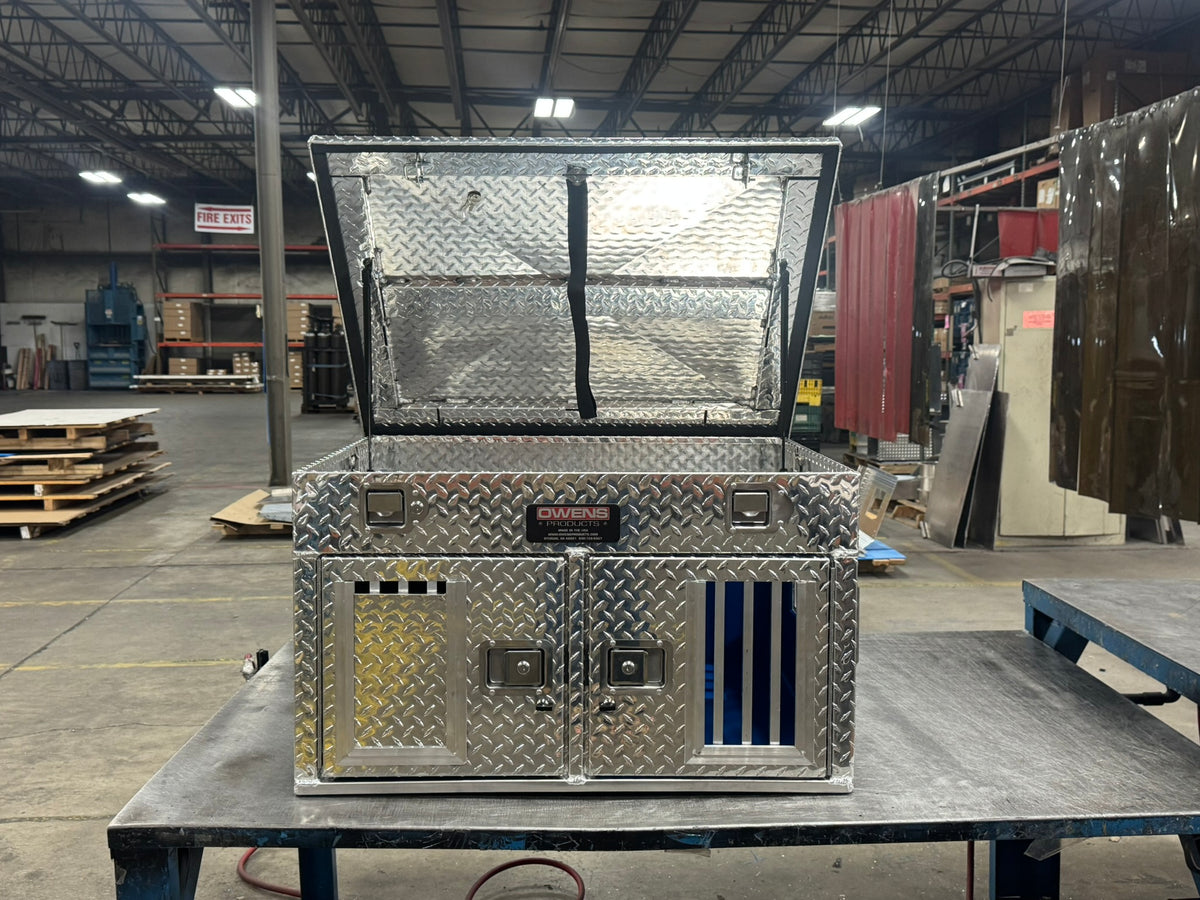 Dog Box 55018 Hunter Series Double Compartment Top Storage / 36 W X 28.5 D X 22 H / Standard Vents / Diamond Tread Aluminum / Owens Products - CALL TO ORDER