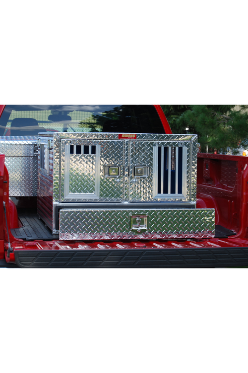 Dog Box 55020W Pro Hunter Series Double Compartment with Bottom Drawer / 38 W x 40 D x 26 H / Standard Vents / Diamond Tread Aluminum / Owens Products - K9 Dog Boxes