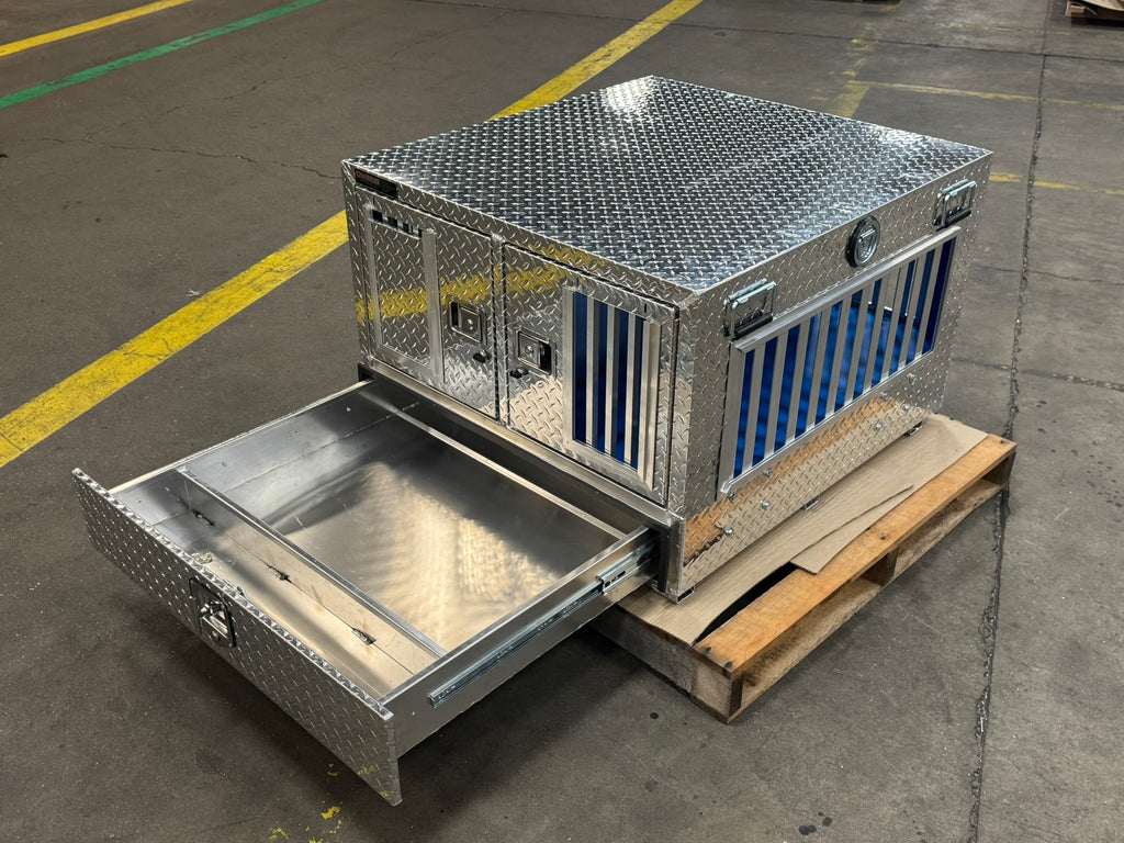 Dog Box 55023W Pro Hunter Series Double Compartment with Bottom Drawer / 38 W x 40 D x 26 H / All Seasons Vents / Diamond Tread Aluminum / Owens Products