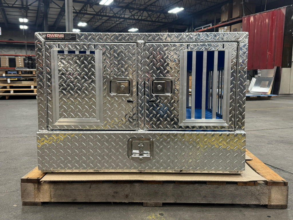 Dog Box 55023W Pro Hunter Series Double Compartment with Bottom Drawer / 38 W x 40 D x 26 H / All Seasons Vents / Diamond Tread Aluminum / Owens Products