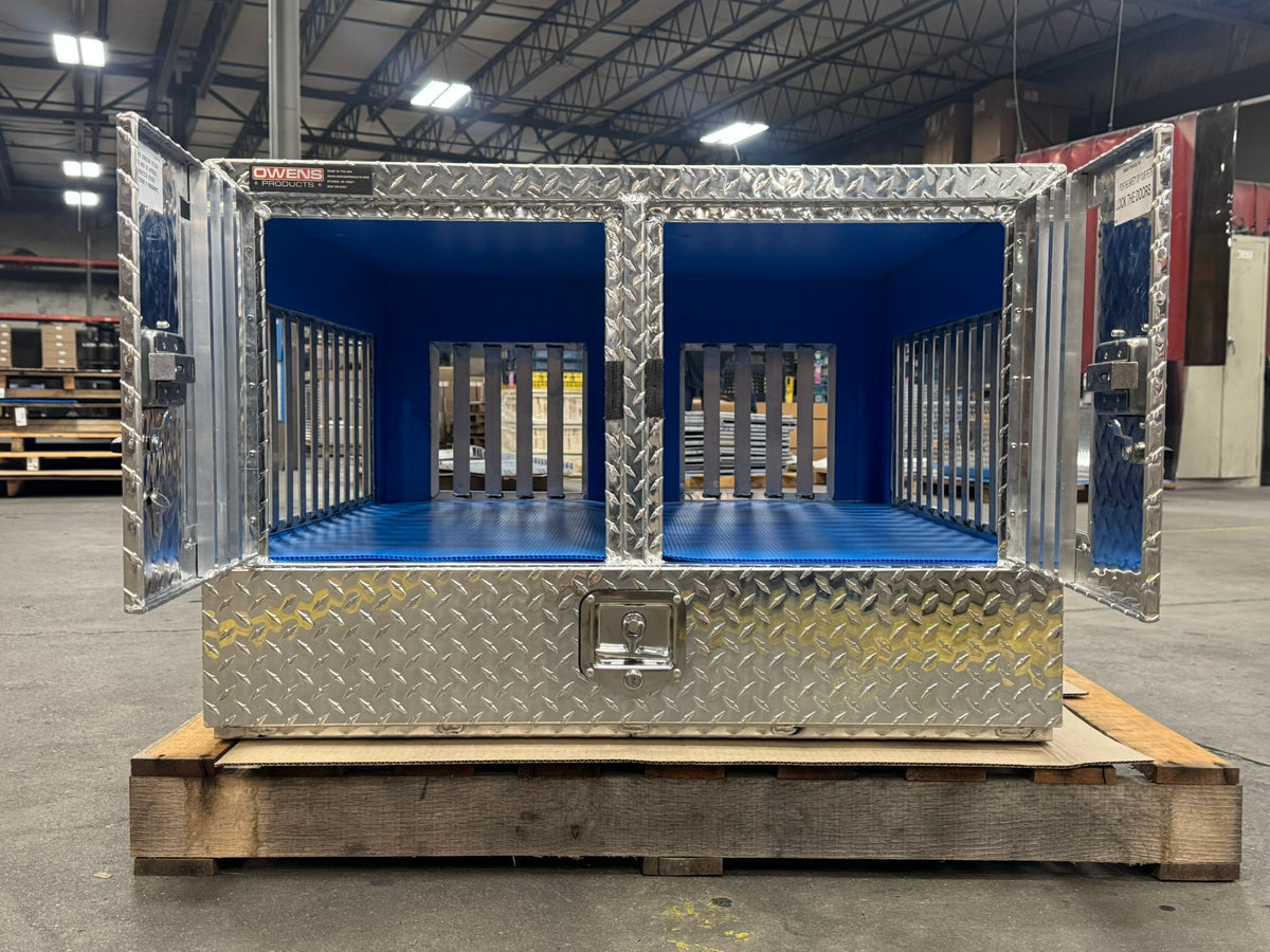 Dog Box 55023W Pro Hunter Series Double Compartment with Bottom Drawer / 38 W x 40 D x 26 H / All Seasons Vents / Diamond Tread Aluminum / Owens Products