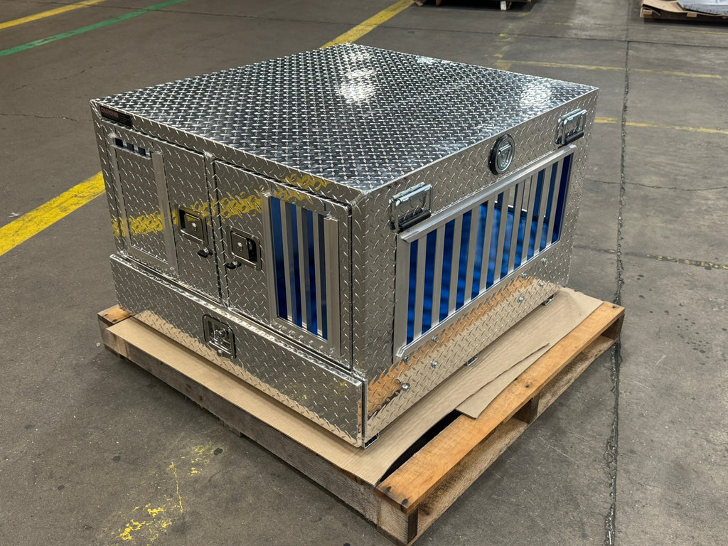 Dog Box 55023W Pro Hunter Series Double Compartment with Bottom Drawer / 38 W x 40 D x 26 H / All Seasons Vents / Diamond Tread Aluminum / Owens Products