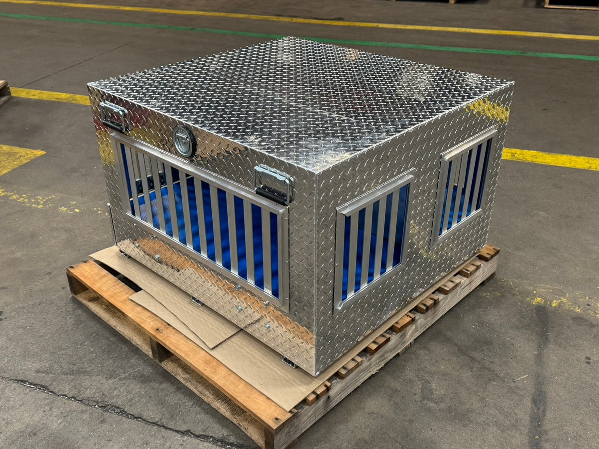 Dog Box 55023W Pro Hunter Series Double Compartment with Bottom Drawer / 38 W x 40 D x 26 H / All Seasons Vents / Diamond Tread Aluminum / Owens Products