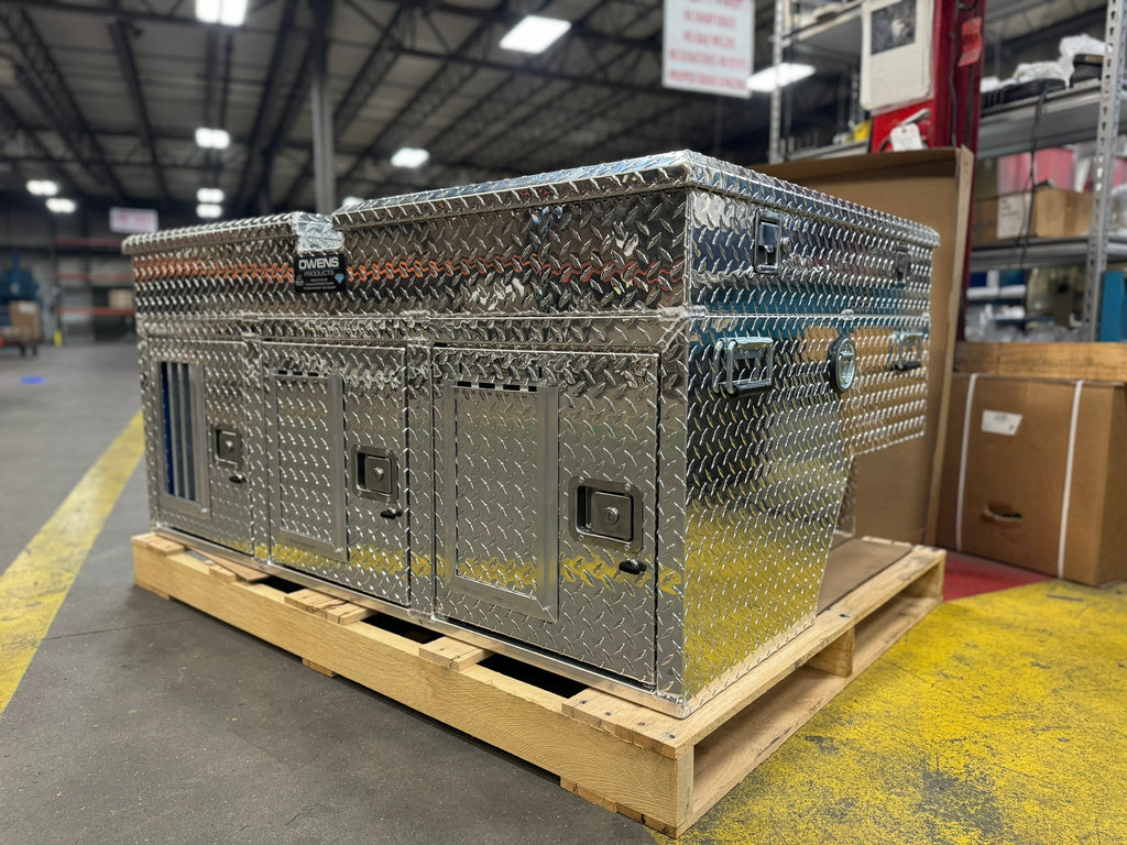 Dog Box 55053 Hunter Series Triple Compartment with Top Storage / 58 W x 40 D x 26 H / with Wheel Well Notches / All Seasons Rear Vents / Diamond Tread Aluminum / Owens Products