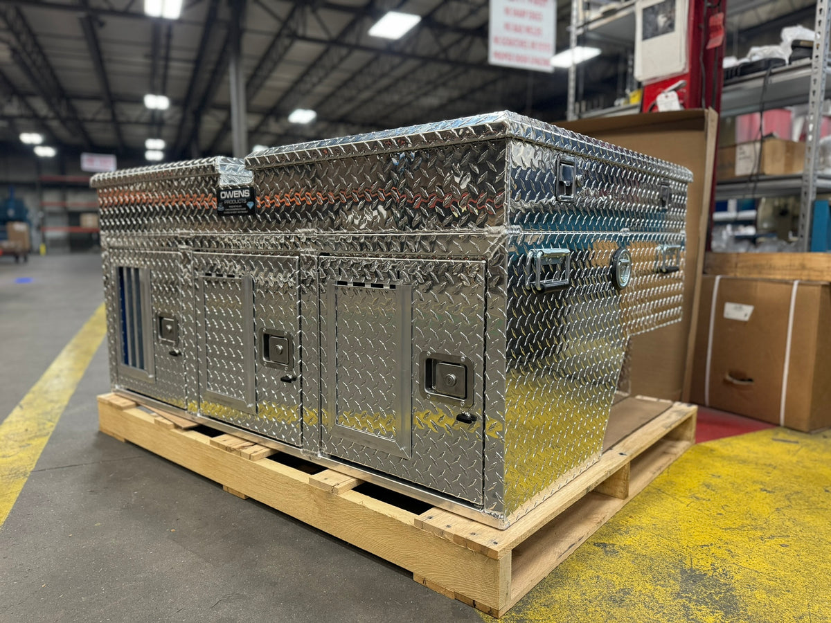 Dog Box 55053 Hunter Series Triple Compartment with Top Storage / 58 W x 40 D x 26 H / with Wheel Well Notches / All Seasons Rear Vents / Diamond Tread Aluminum / Owens Products