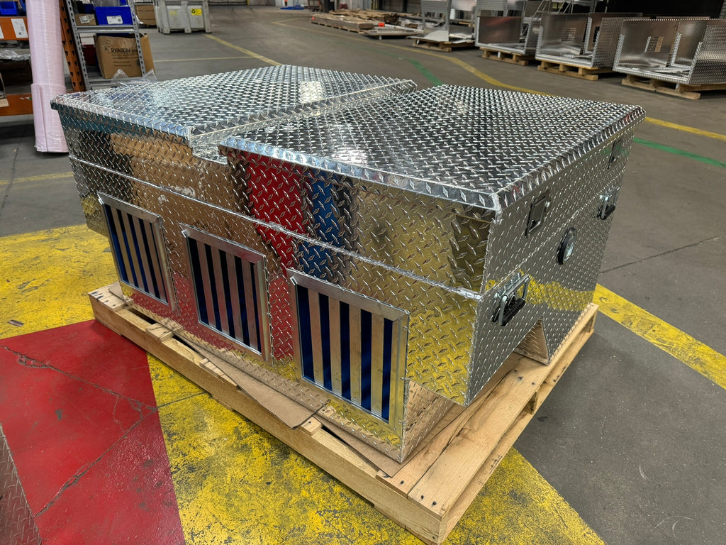 Dog Box 55053 Hunter Series Triple Compartment with Top Storage / 58 W x 40 D x 26 H / with Wheel Well Notches / All Seasons Rear Vents / Diamond Tread Aluminum / Owens Products