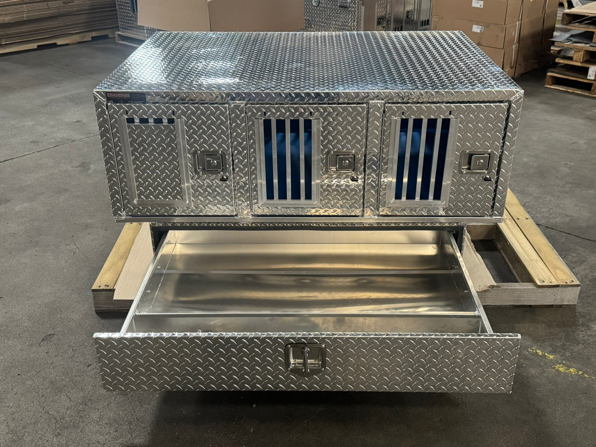 Dog Box 55111 Triple Compartment Bottom Storage Dog Box / 58 W X 40 D X 28 H / Diamond Tread Aluminum / Owens Products