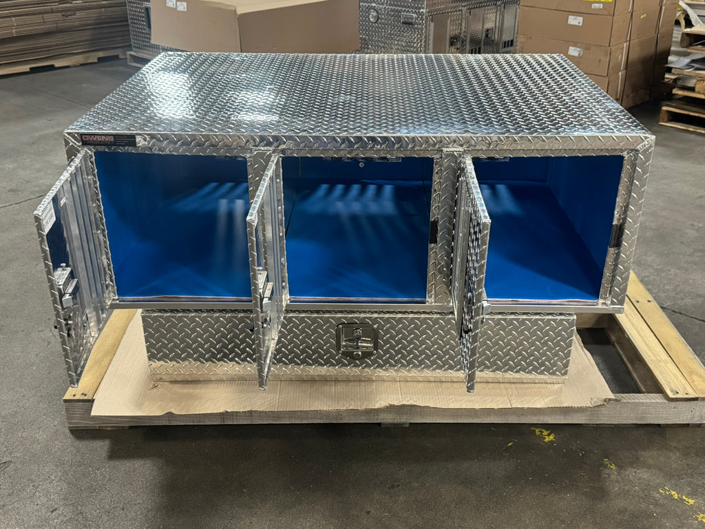 Dog Box 55111 Triple Compartment Bottom Storage Dog Box / 58 W X 40 D X 28 H / Diamond Tread Aluminum / Owens Products