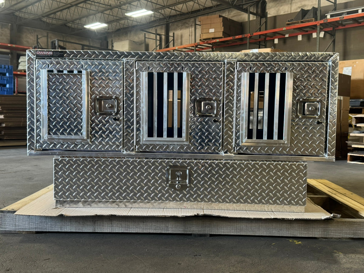Dog Box 55111 Triple Compartment Bottom Storage Dog Box / 58 W X 40 D X 28 H / Diamond Tread Aluminum / Owens Products