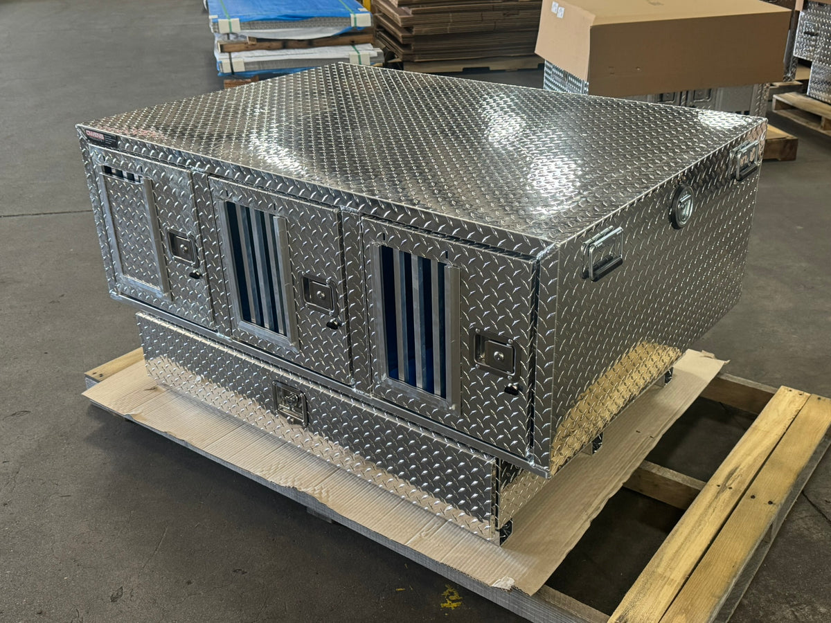 Dog Box 55111 Triple Compartment Bottom Storage Dog Box / 58 W X 40 D X 28 H / Diamond Tread Aluminum / Owens Products