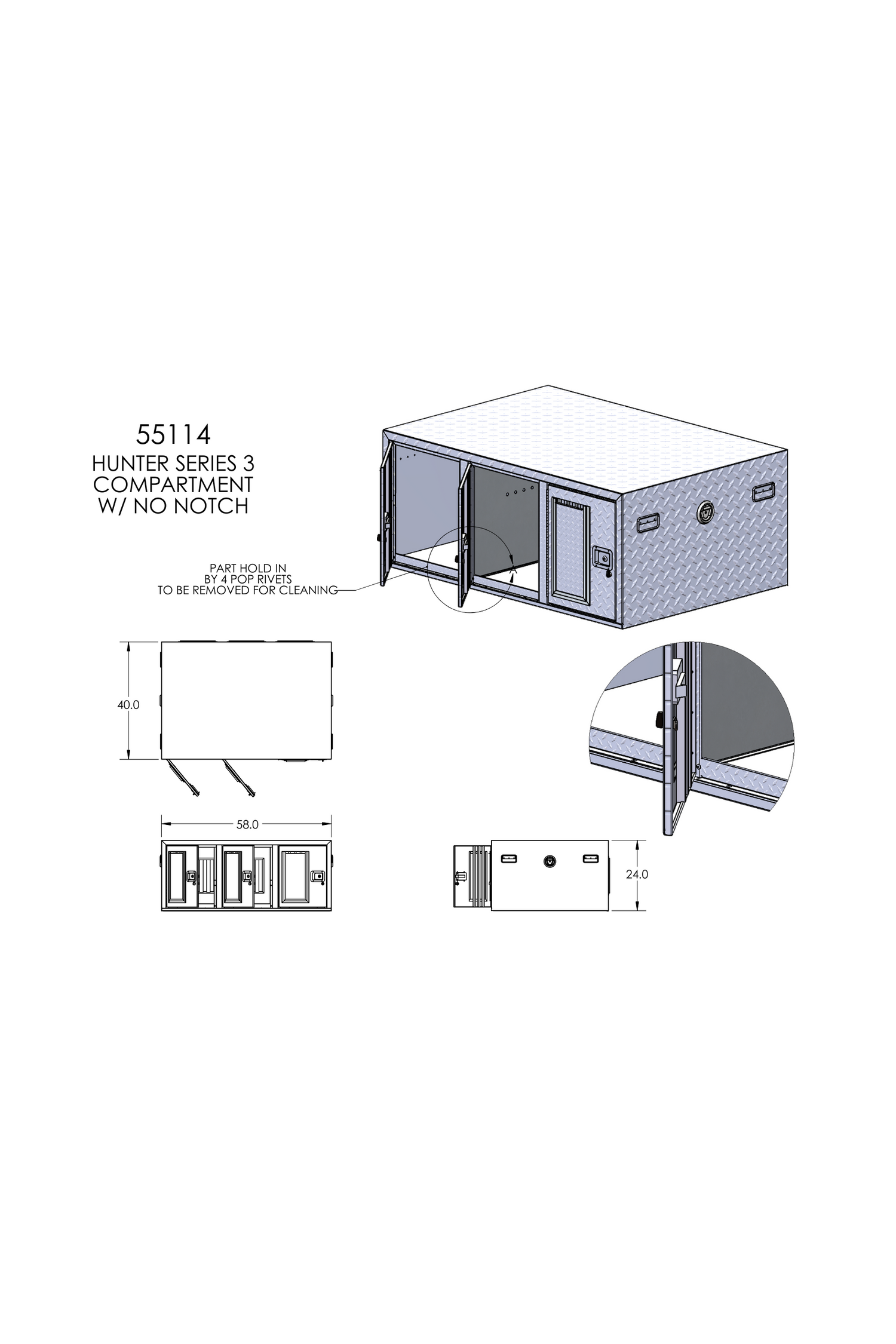 Dog Box 55114R Hunter Series Tall Trailer Triple Compartment / 58 W X 40 D X 24 H / Right Swing Doors / Tall / Diamond Tread Aluminum / Owens Products