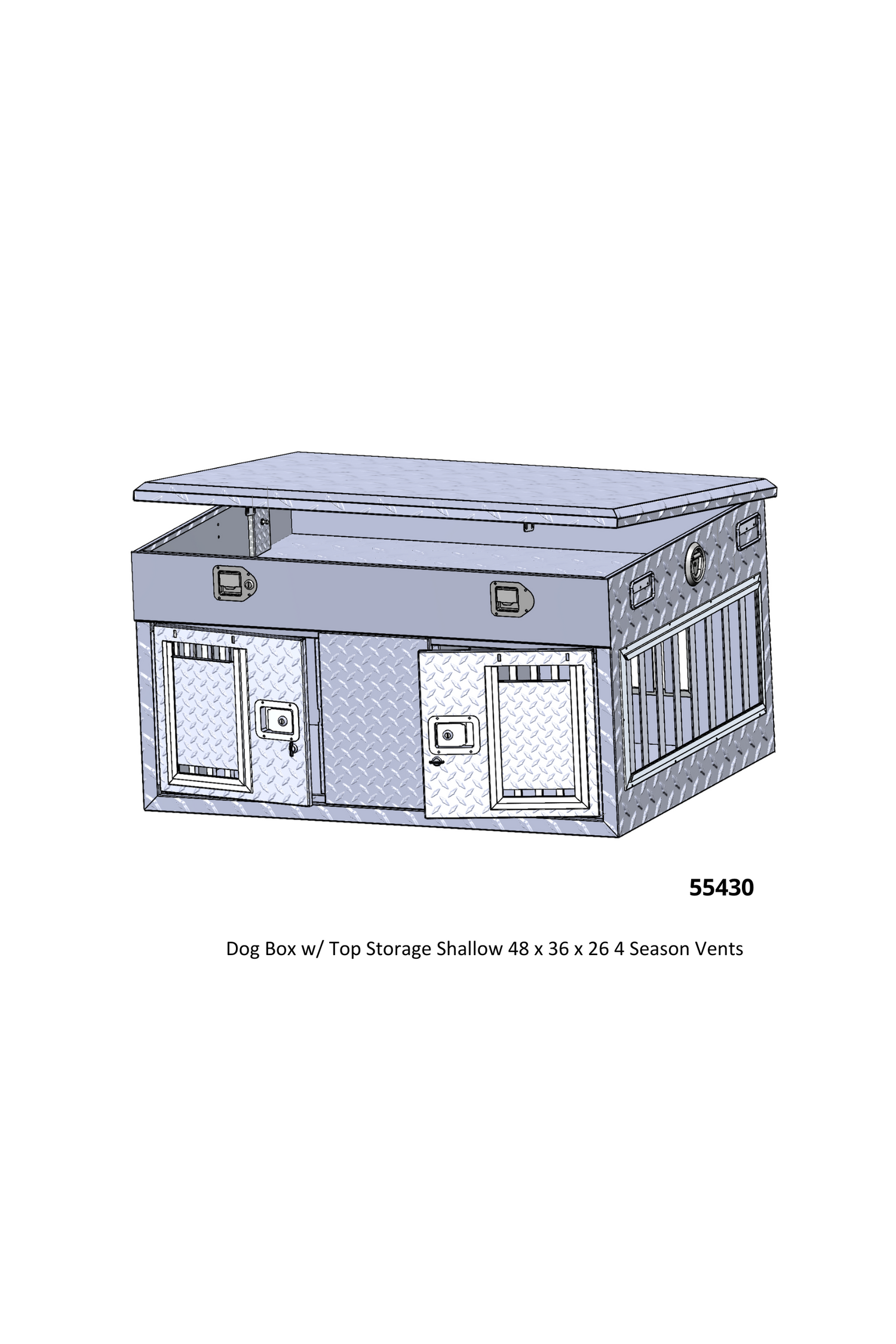 Dog Box 55430 Hunter Series Shallow Double Compartment with Top Storage / 48 W X 36 D X 26 H / Shallow / All Season Vents / Diamond Tread Aluminum / Owens Products