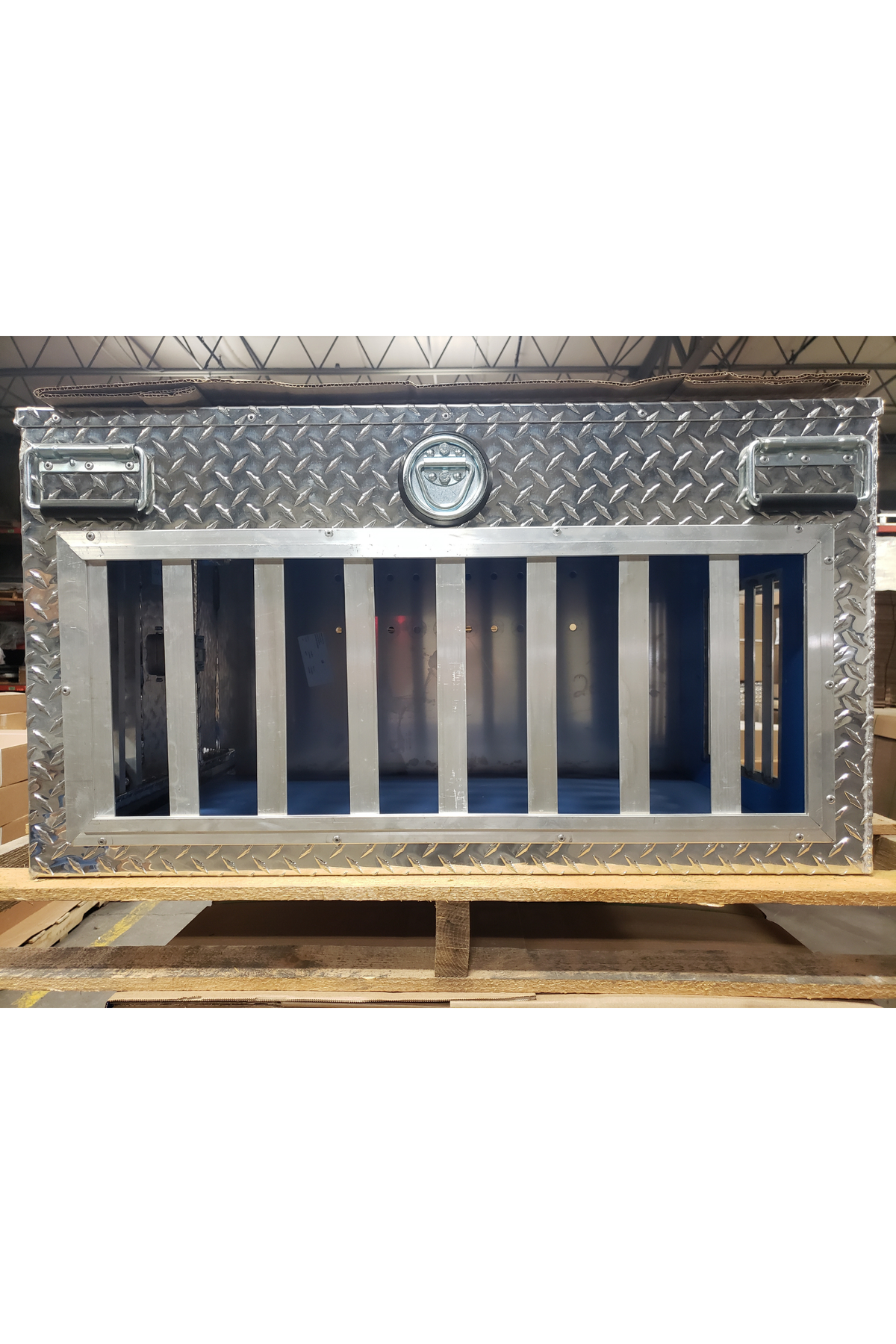 Dog Box 55477 Hunter Series Shallow Double Compartment / 48 W X 36 D X 20 H / Shallow / All Season Vents / Diamond Tread Aluminum / Owens Products - K9 Dog Boxes