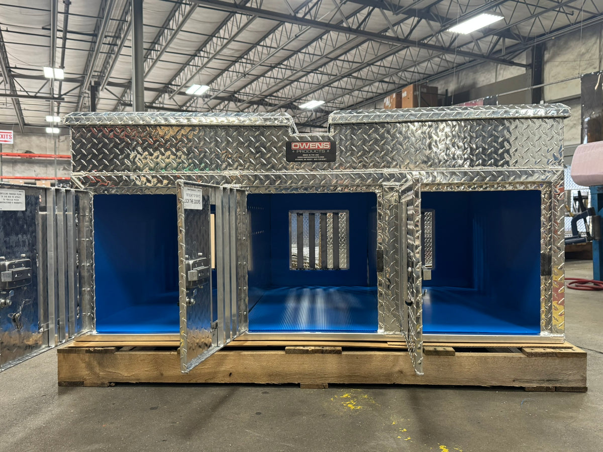 Dog Box 55074 Hunter Series Triple Compartment Top Storage Dog Box / 58 W X 40 D X 26 H / All Seasons Rear Vents / Diamond Tread Aluminum / Owens Products
