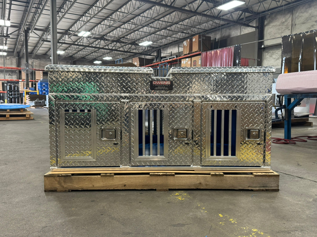 Dog Box 55074 Hunter Series Triple Compartment Top Storage Dog Box / 58 W X 40 D X 26 H / All Seasons Rear Vents / Diamond Tread Aluminum / Owens Products