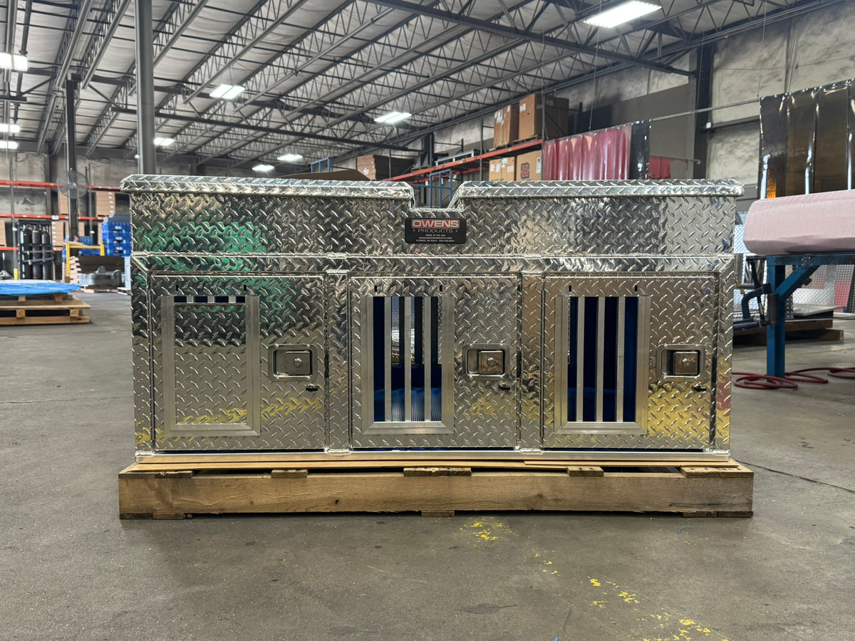 Dog Box 55074 Hunter Series Triple Compartment Top Storage Dog Box / 58 W X 40 D X 26 H / All Seasons Rear Vents / Diamond Tread Aluminum / Owens Products