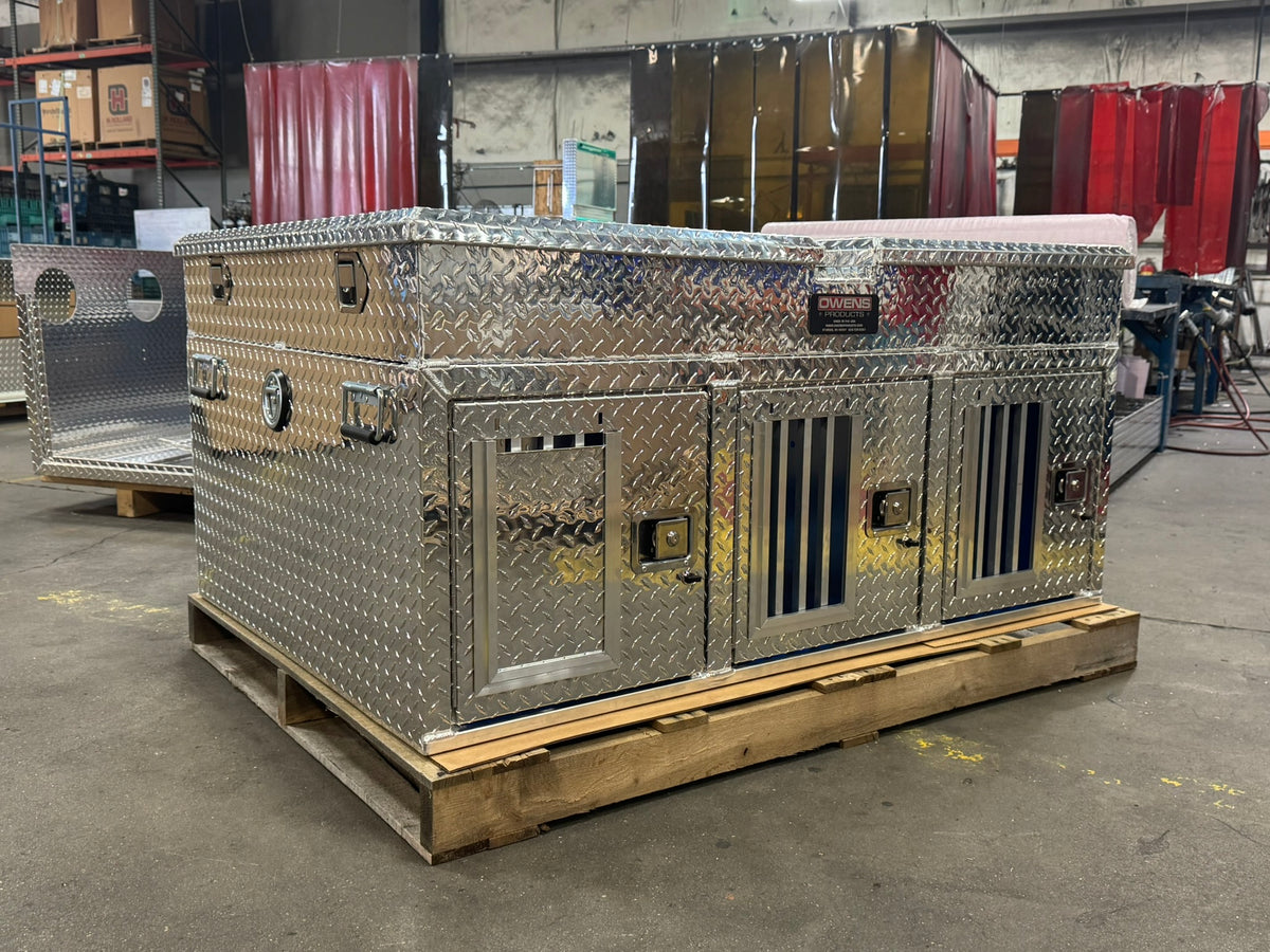 Dog Box 55074 Hunter Series Triple Compartment Top Storage Dog Box / 58 W X 40 D X 26 H / All Seasons Rear Vents / Diamond Tread Aluminum / Owens Products