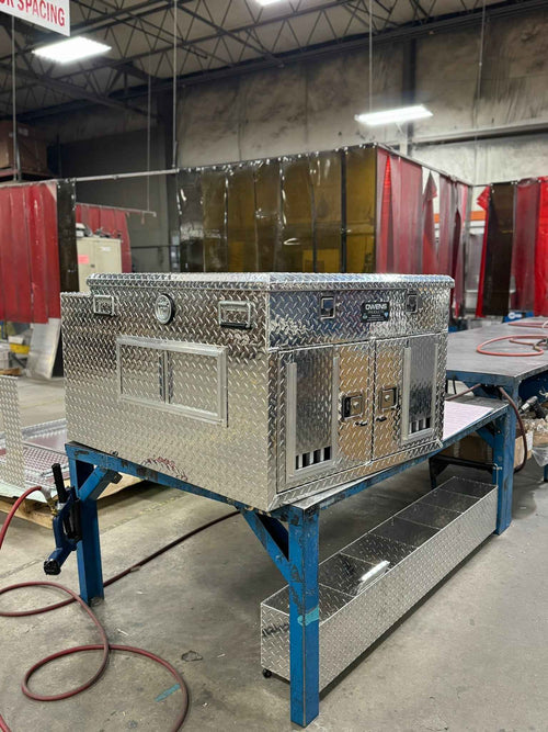 Dog Box 55005 Hunter Series Double Compartment with Top Storage / 38 W x 45 D x 26 H / Standard Vents / Diamond Tread Aluminum / Owens Products