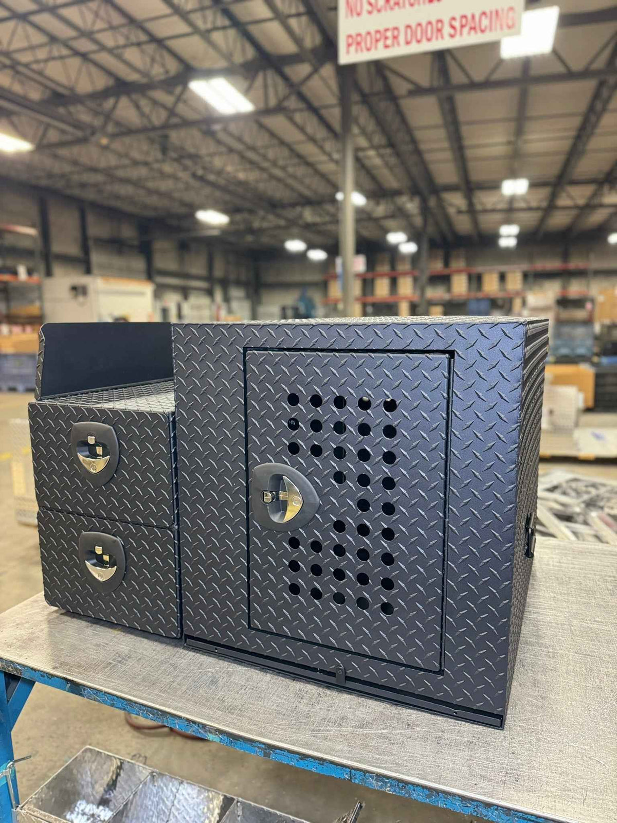 Dog Crate 55500 Professional K9 Series Rear Deployment Unit / Single Compartment / Side Drawer Storage / 45 W X 38 D X 31 H / Holes for Ventilation / Black / Diamond Tread Aluminum/ Owens Products