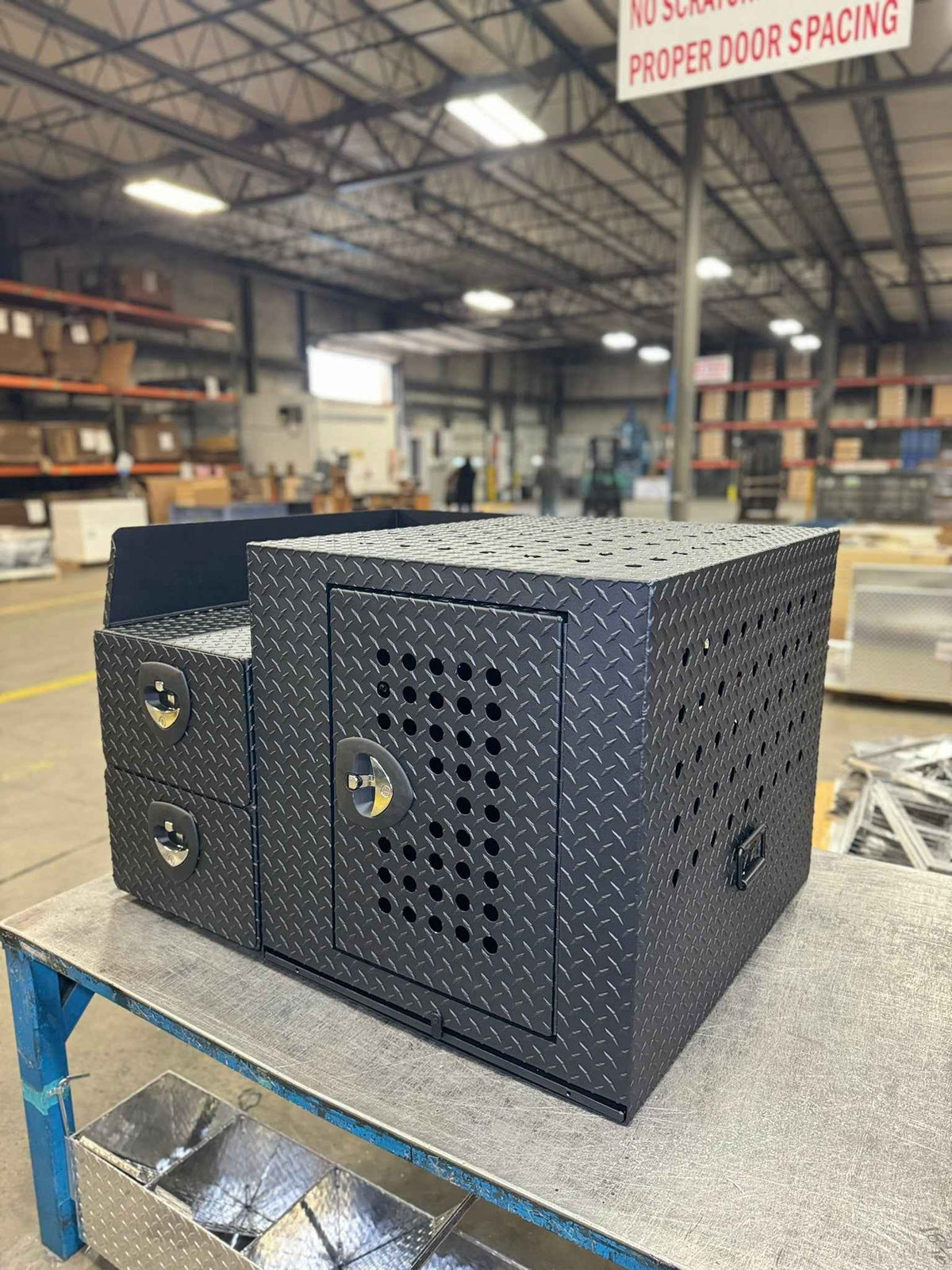 Dog Crate 55500 Professional K9 Series Rear Deployment Unit / Single Compartment / Side Drawer Storage / 45 W X 38 D X 31 H / Holes for Ventilation / Black / Diamond Tread Aluminum/ Owens Products