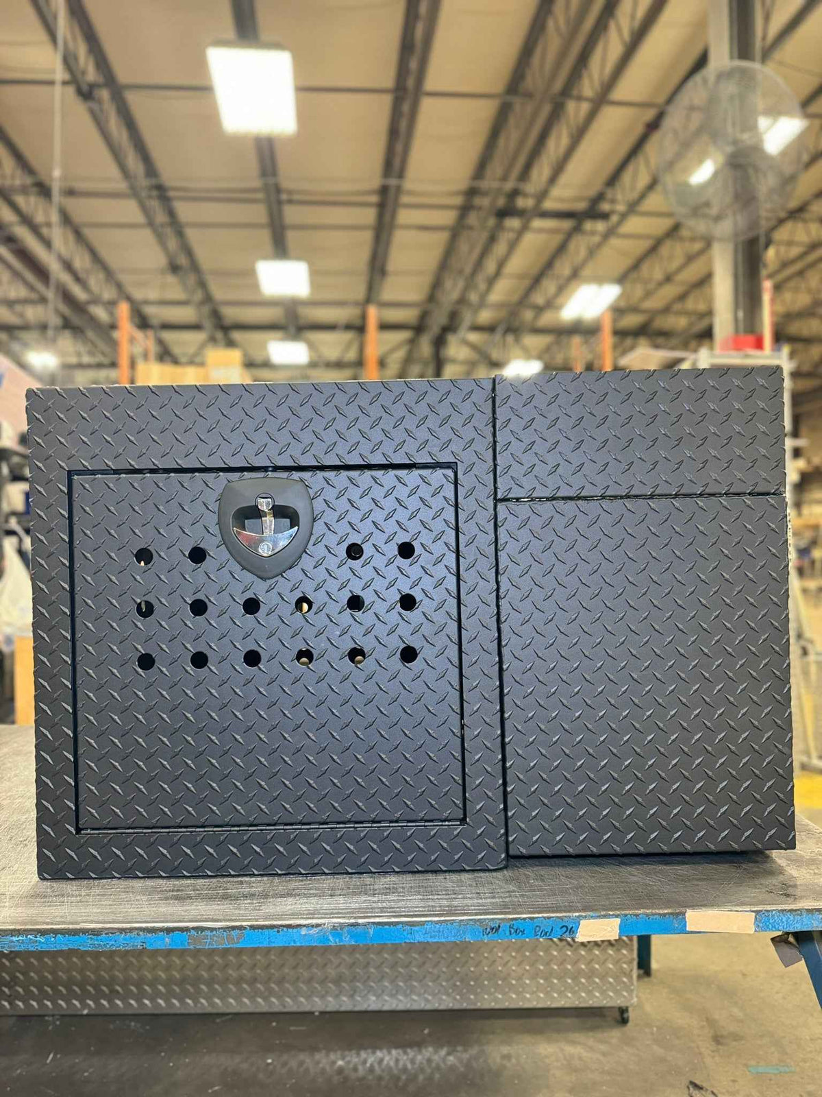 Dog Crate 55500 Professional K9 Series Rear Deployment Unit / Single Compartment / Side Drawer Storage / 45 W X 38 D X 31 H / Holes for Ventilation / Black / Diamond Tread Aluminum/ Owens Products