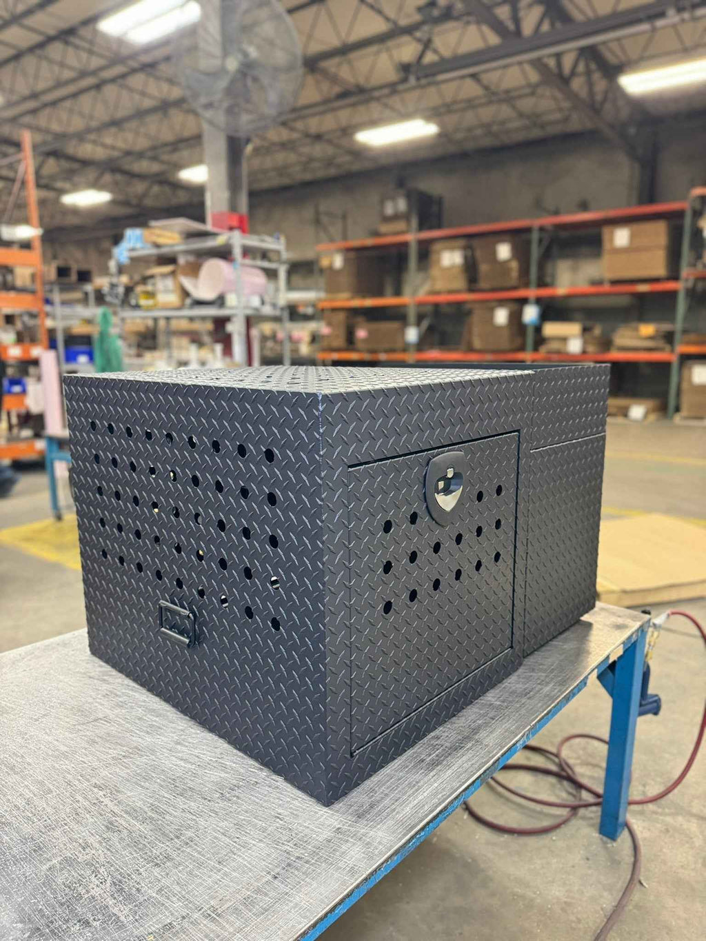 Dog Crate 55500 Professional K9 Series Rear Deployment Unit / Single Compartment / Side Drawer Storage / 45 W X 38 D X 31 H / Holes for Ventilation / Black / Diamond Tread Aluminum/ Owens Products
