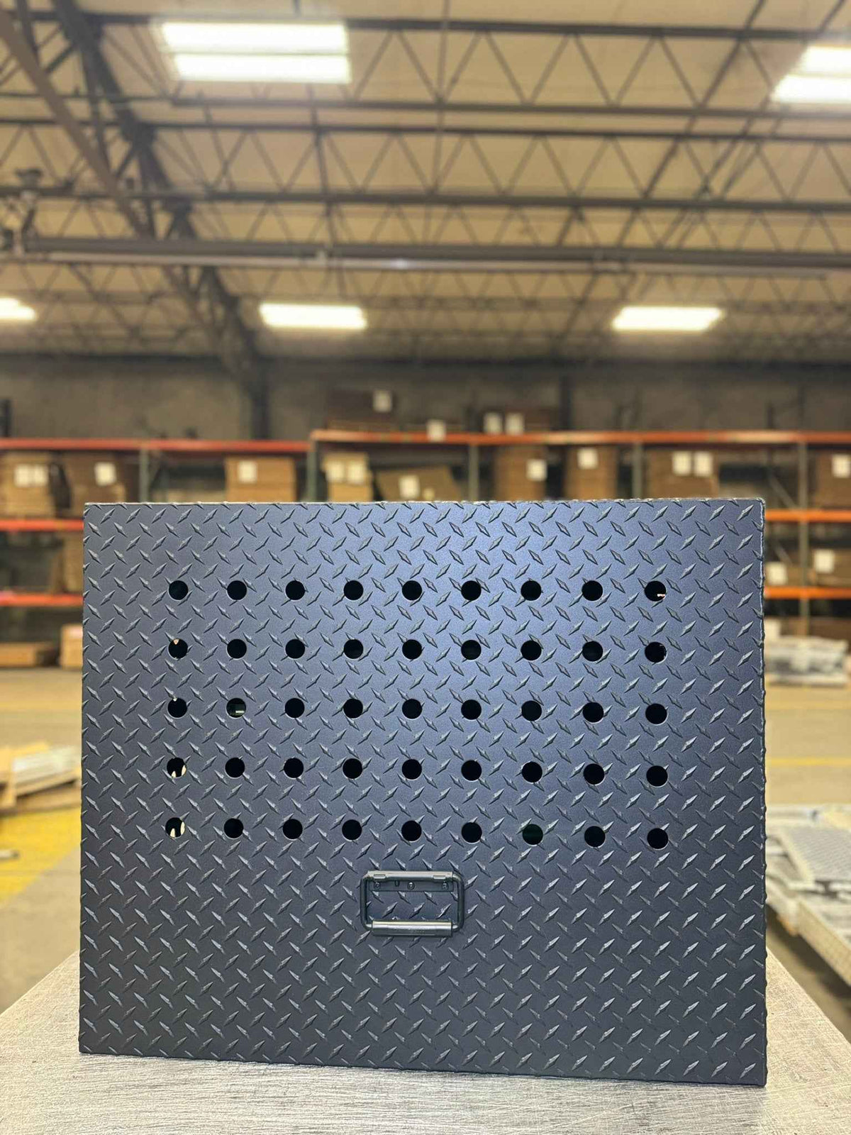 Dog Crate 55500 Professional K9 Series Rear Deployment Unit / Single Compartment / Side Drawer Storage / 45 W X 38 D X 31 H / Holes for Ventilation / Black / Diamond Tread Aluminum/ Owens Products