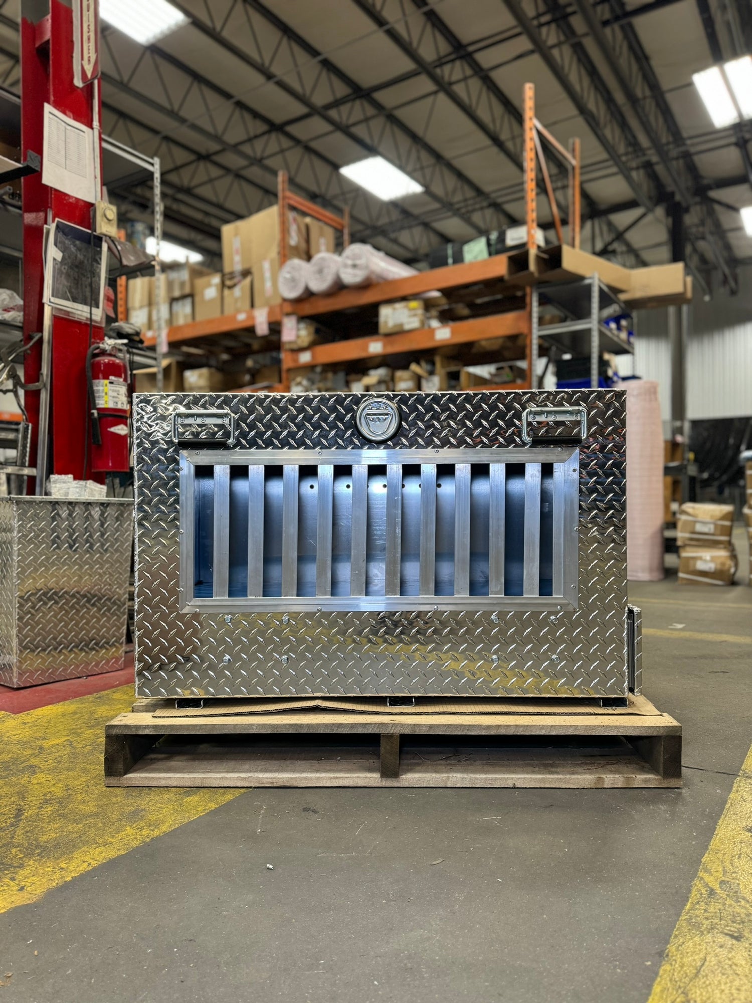Dog Box 55023W Pro Hunter Series Double Compartment with Bottom Drawer / 38 W x 40 D x 26 H / All Seasons Vents / Diamond Tread Aluminum / Owens Products