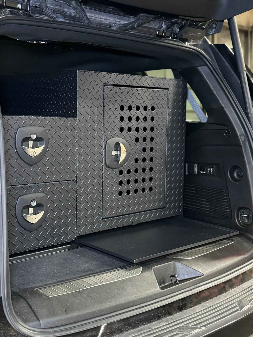 Dog Crate 55500 Professional K9 Series Rear Deployment Unit / Single Compartment / Side Drawer Storage / 45 W X 38 D X 31 H / Holes for Ventilation / Black / Diamond Tread Aluminum/ Owens Products