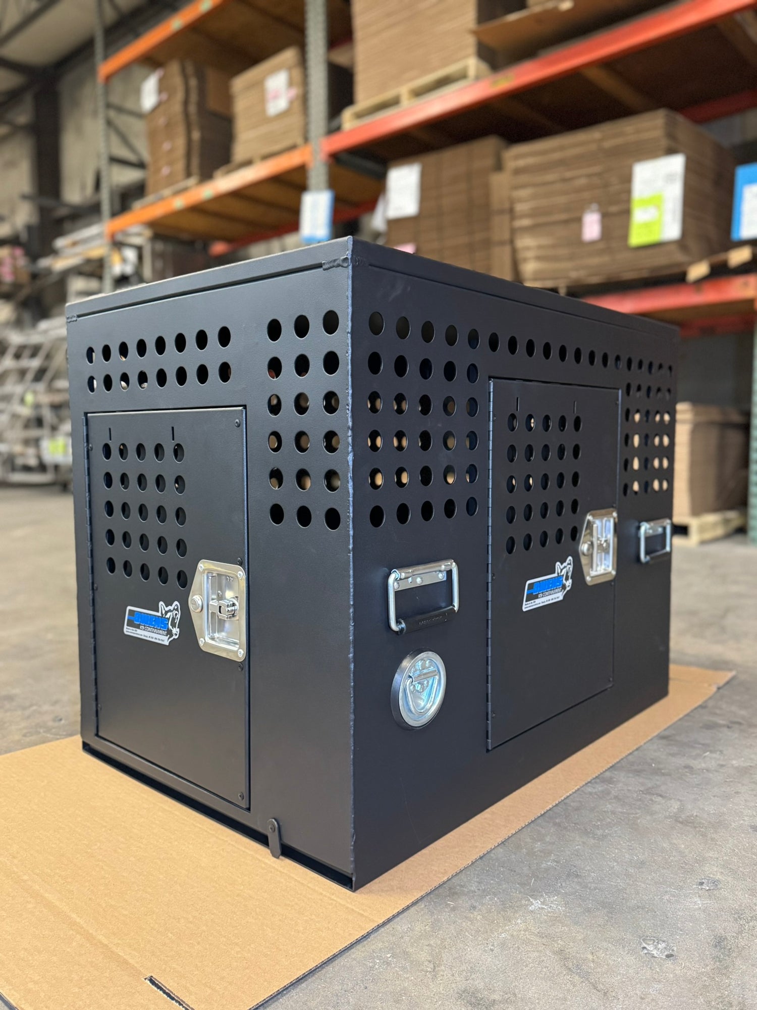 Dog Crate 55335 Professional K9 Series Tactical Single Compartment with Double Doors / End & Side Doors / Black / 36 W x 24 D x 29 H / Holes for Ventilation / Mill Finish Aluminum / Owens Products