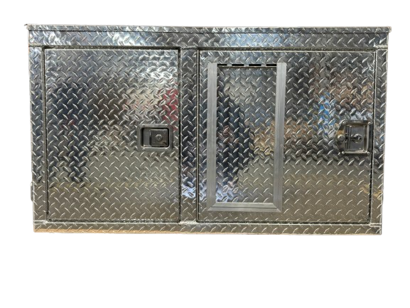 Dog Crate 55127 Professional K9 Series Search & Rescue / Single Compartment / Side Drawer Storage / 47 W X 45 D X 27 H / All Season Vents / Bright / Diamond Tread Aluminum / Owens Products