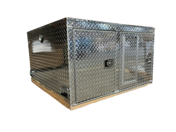 Dog Crate 55127 Professional K9 Series Search & Rescue / Single Compartment / Side Drawer Storage / 47 W X 45 D X 27 H / All Season Vents / Bright / Diamond Tread Aluminum / Owens Products