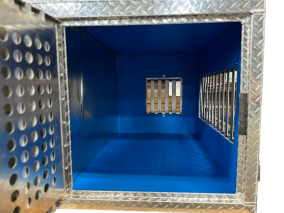 Dog Crate 55127 Professional K9 Series Search & Rescue / Single Compartment / Side Drawer Storage / 47 W X 45 D X 27 H / All Season Vents / Bright / Diamond Tread Aluminum / Owens Products