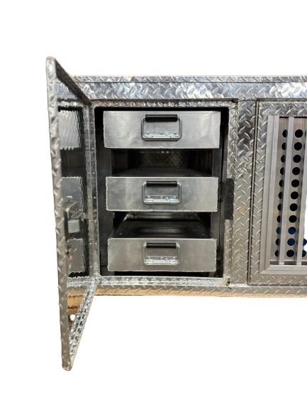 Dog Crate 55127 Professional K9 Series Search & Rescue / Single Compartment / Side Drawer Storage / 47 W X 45 D X 27 H / All Season Vents / Bright / Diamond Tread Aluminum / Owens Products