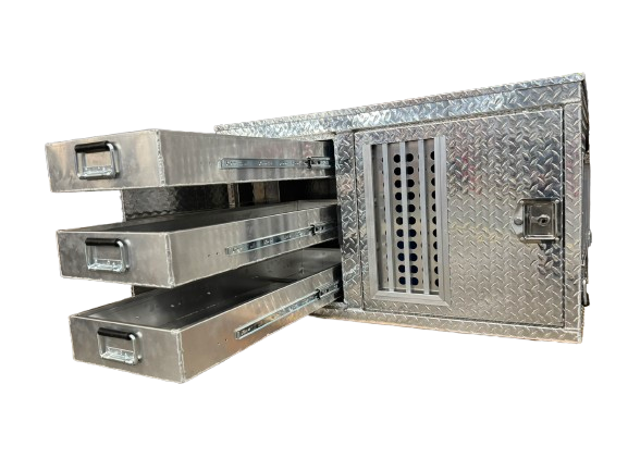 Dog Crate 55127 Professional K9 Series Search & Rescue / Single Compartment / Side Drawer Storage / 47 W X 45 D X 27 H / All Season Vents / Bright / Diamond Tread Aluminum / Owens Products