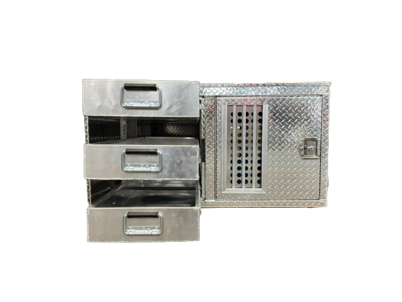 Dog Crate 55127 Professional K9 Series Search & Rescue / Single Compartment / Side Drawer Storage / 47 W X 45 D X 27 H / All Season Vents / Bright / Diamond Tread Aluminum / Owens Products