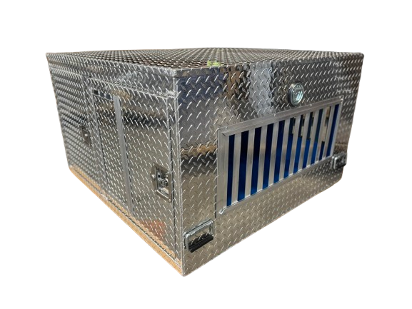 Dog Crate 55127 Professional K9 Series Search & Rescue / Single Compartment / Side Drawer Storage / 47 W X 45 D X 27 H / All Season Vents / Bright / Diamond Tread Aluminum / Owens Products