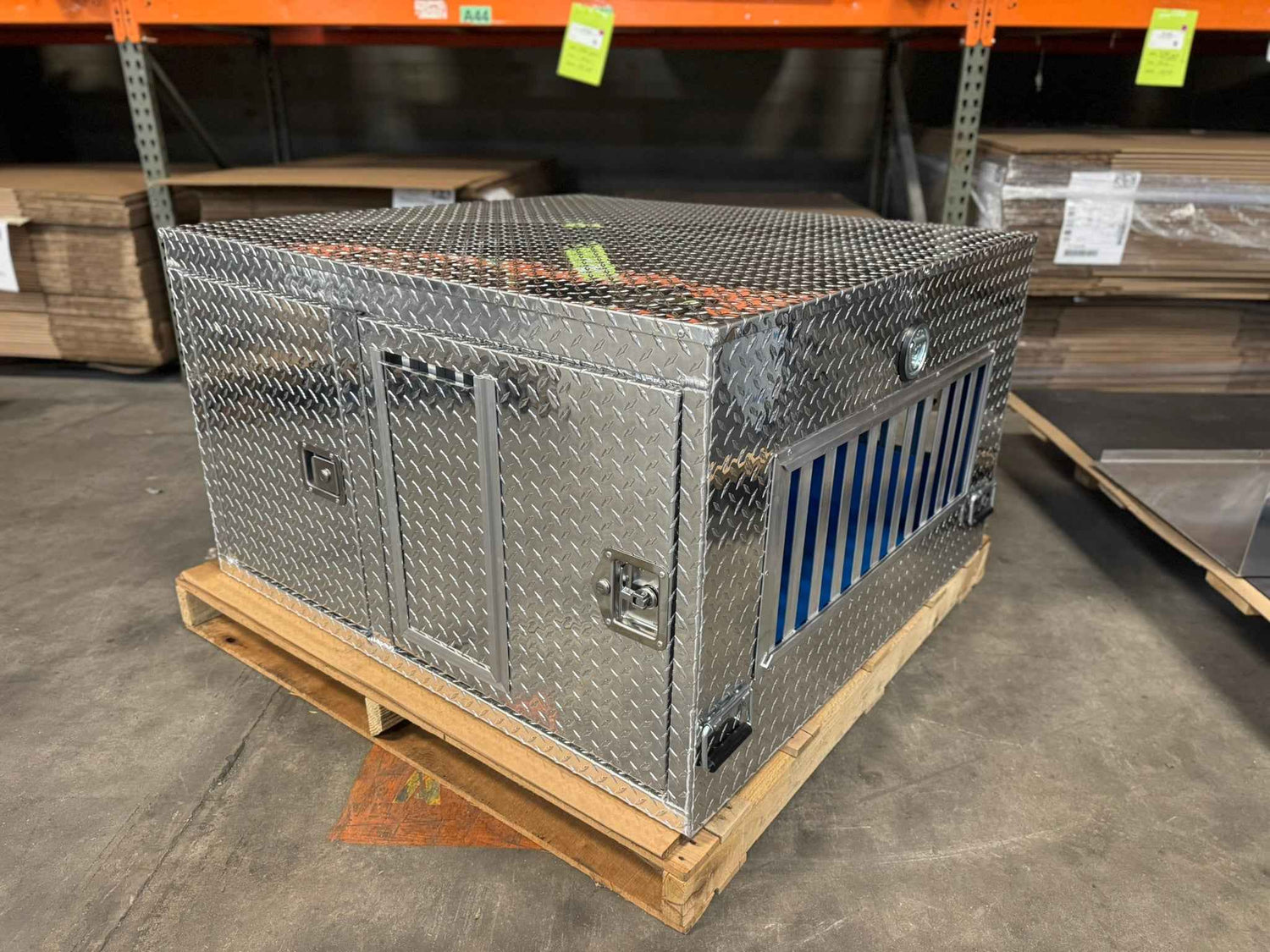 Dog Crate 55127 Professional K9 Series Search & Rescue / Single Compartment / Side Drawer Storage / 47 W X 45 D X 27 H / All Season Vents / Bright / Diamond Tread Aluminum / Owens Products