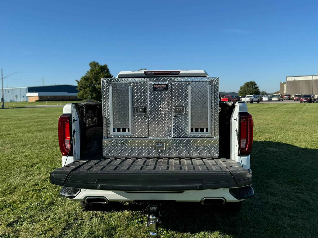 Dog Box 55080W Pro Hunter Series Double Compartment with Bottom Drawer / 46 W x 45 D x 32 H / Bear/Cat / Special Order / Striker Holes / Diamond Tread Aluminum / Owens Products