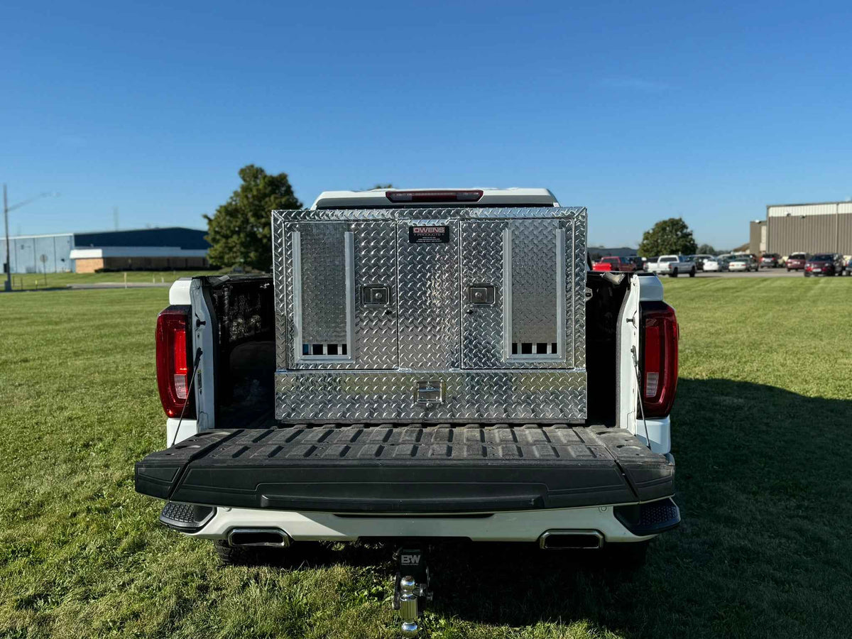 Dog Box 55080W Pro Hunter Series Double Compartment with Bottom Drawer / 46 W x 45 D x 32 H / Bear/Cat / Special Order / Striker Holes / Diamond Tread Aluminum / Owens Products