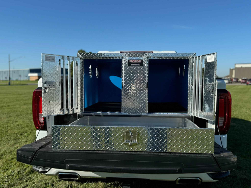 Dog Box 55080W Pro Hunter Series Double Compartment with Bottom Drawer / 46 W x 45 D x 32 H / Bear/Cat / Special Order / Striker Holes / Diamond Tread Aluminum / Owens Products