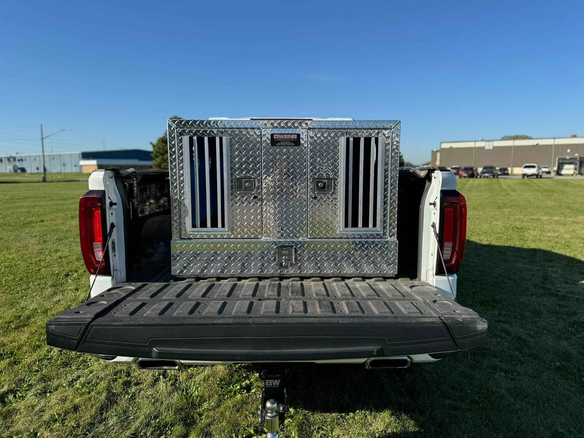 Dog Box 55080W Pro Hunter Series Double Compartment with Bottom Drawer / 46 W x 45 D x 32 H / Bear/Cat / Special Order / Striker Holes / Diamond Tread Aluminum / Owens Products