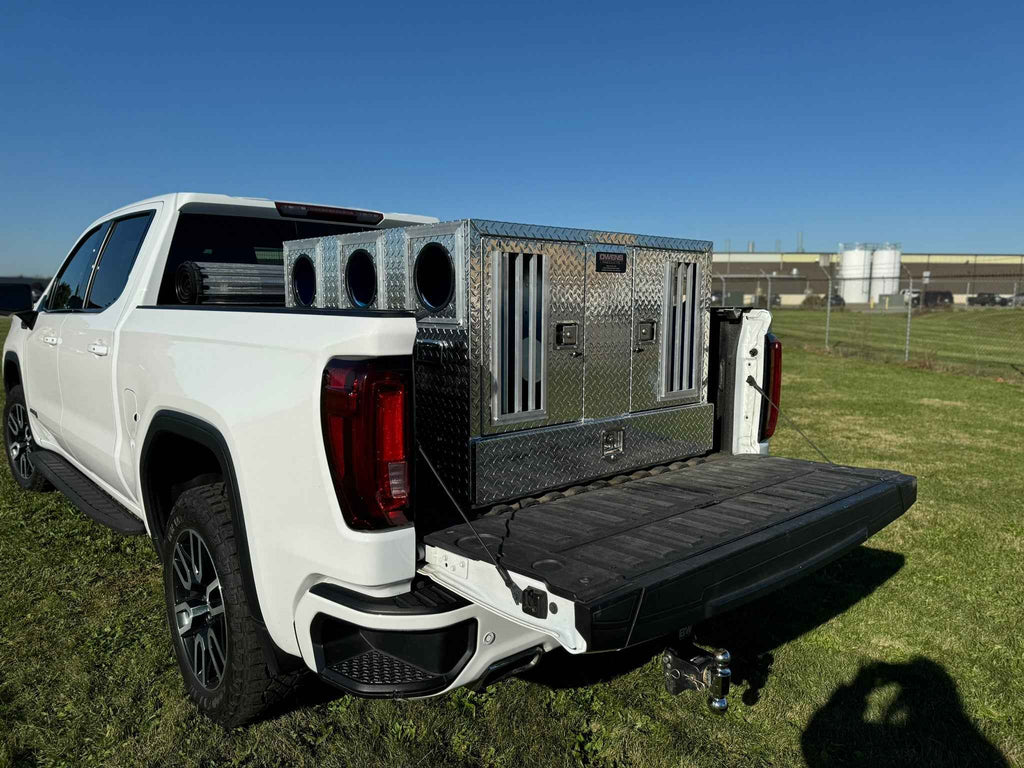 Dog Box 55080W Pro Hunter Series Double Compartment with Bottom Drawer / 46 W x 45 D x 32 H / Bear/Cat / Special Order / Striker Holes / Diamond Tread Aluminum / Owens Products