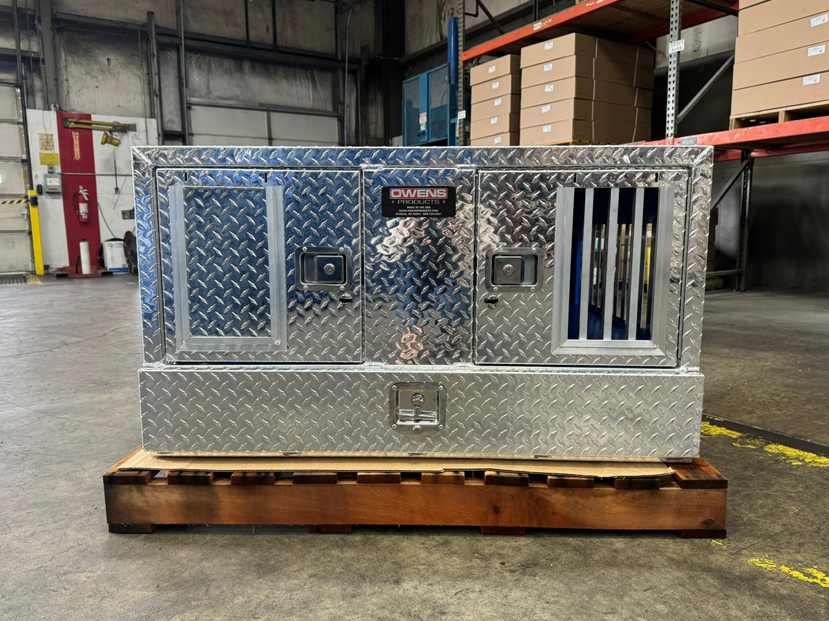 Dog Box 55022W Pro Hunter Series Double Compartment with Bottom Drawer / 46 W x 45 D x 26 H / All Seasons Vents / Diamond Tread Aluminum / Owens Products