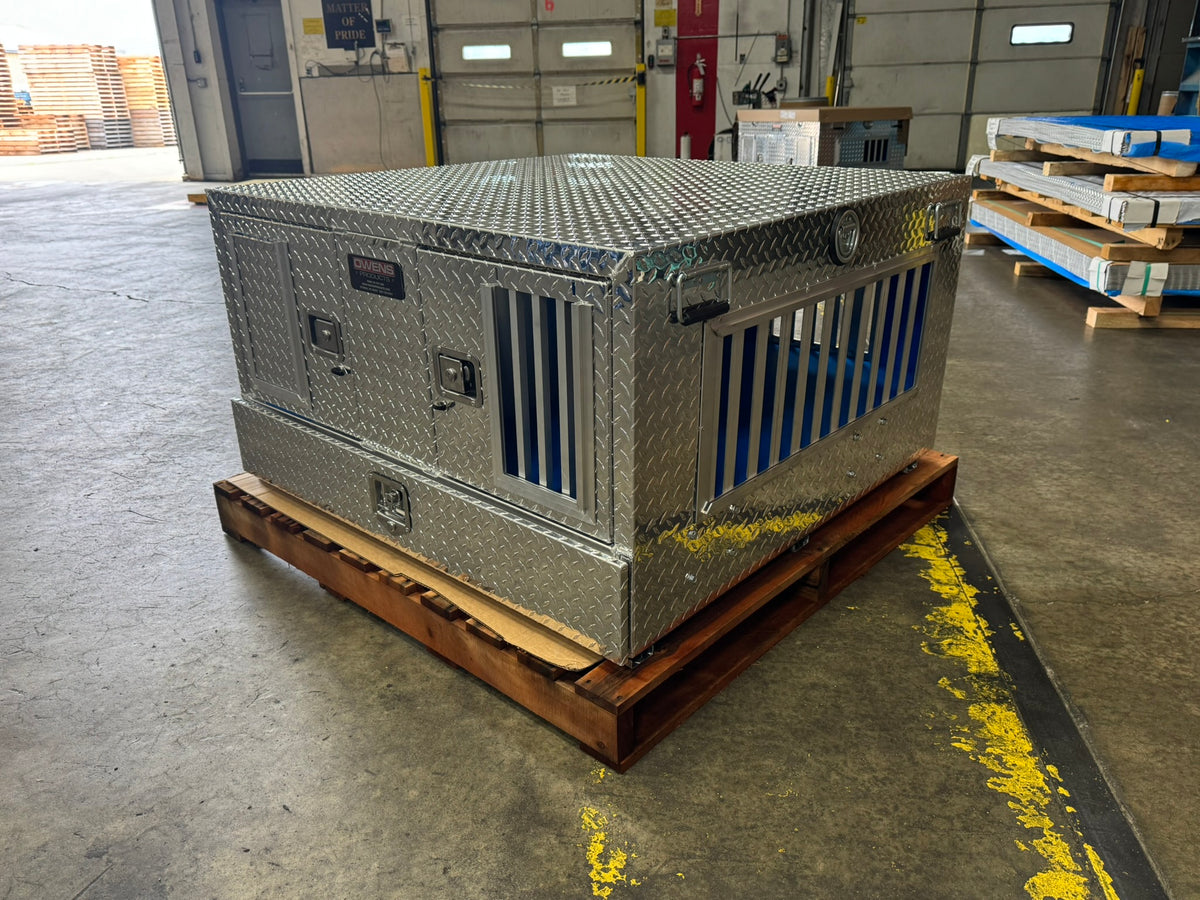 Dog Box 55022W Pro Hunter Series Double Compartment with Bottom Drawer / 46 W x 45 D x 26 H / All Seasons Vents / Diamond Tread Aluminum / Owens Products